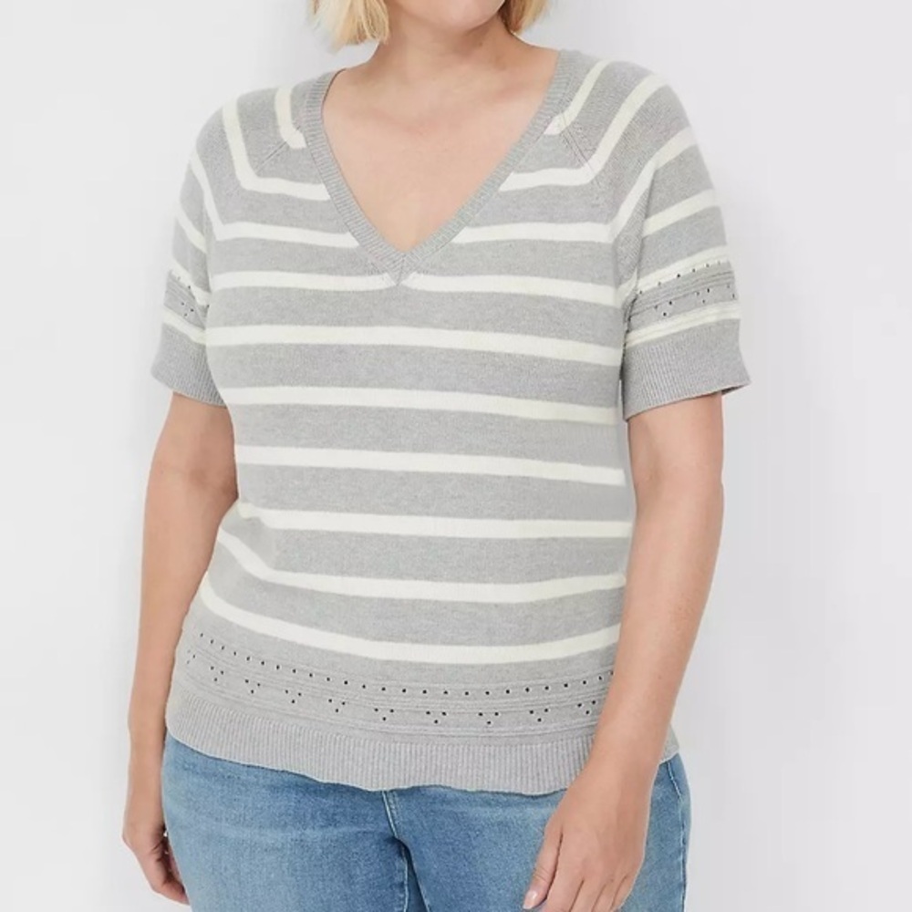 Lane Bryant Striped Short-Sleeve V-Neck Sweater Tee Size 14/16